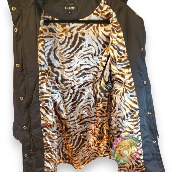 Vintage Guess Raincoat Trench Coat Womens Small Black Animal Print Lined Y2K 90s - Picture 3 of 16